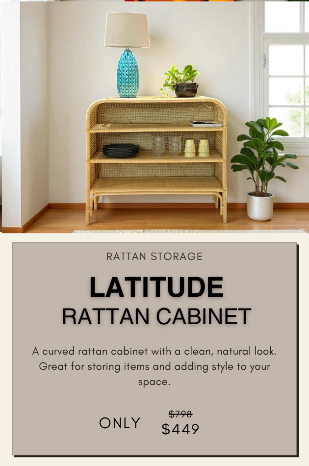 Latitude curved rattan cabinet with natural finish, stylish storage furniture for modern interiors