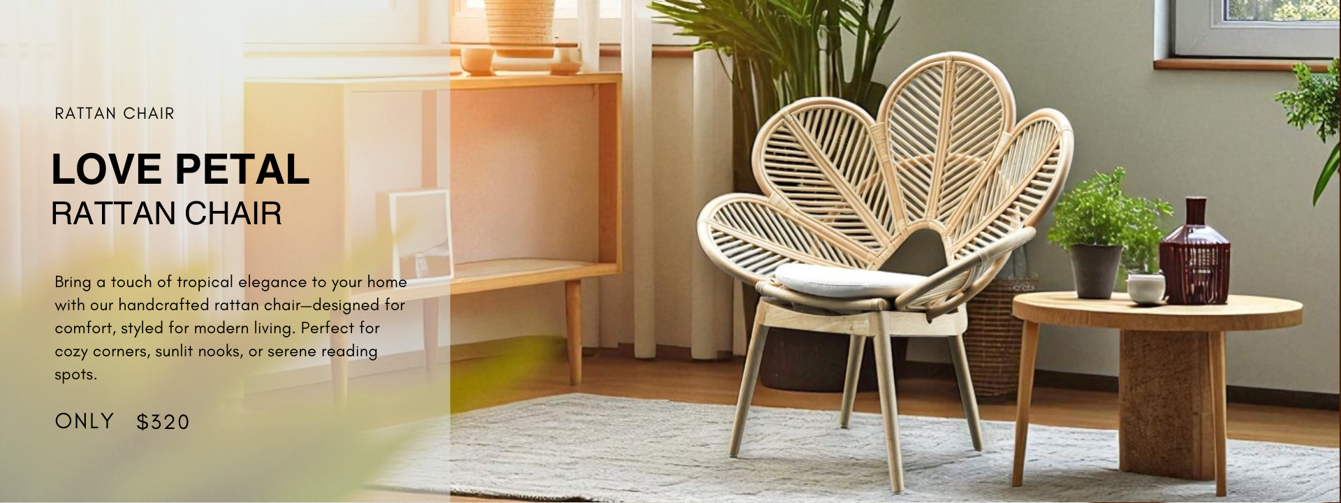 LOVE Petal Rattan Chair featuring a flower-shaped backrest, handcrafted from natural rattan for elegant indoor seating