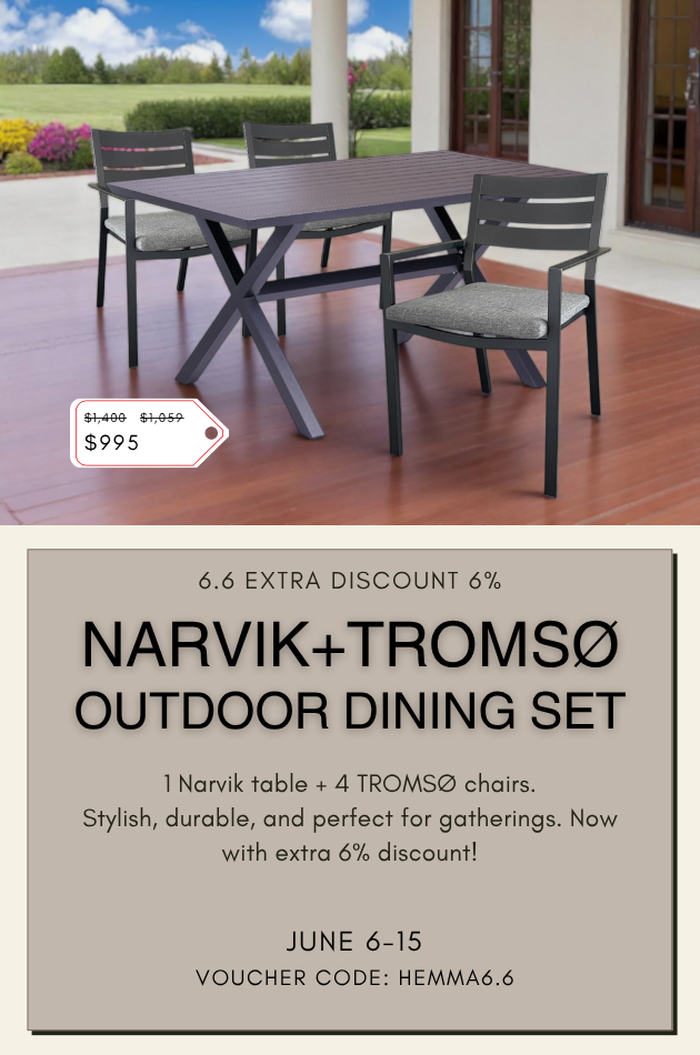 Narvik dining table with 4 TROMSØ chairs – modern outdoor dining set for patio or garden.