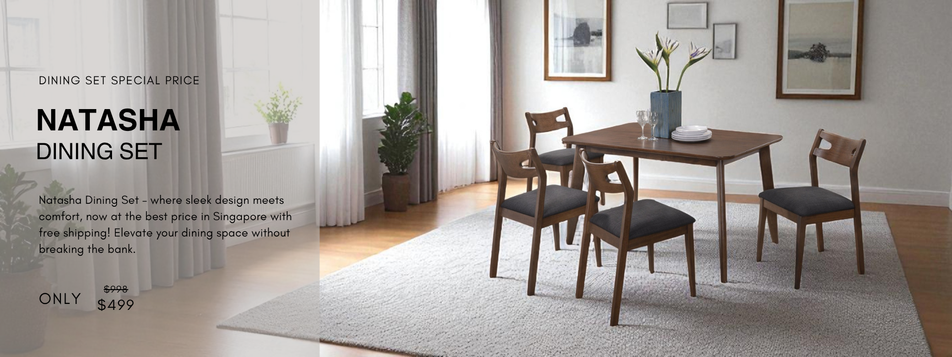 Natasha Dining Set featuring a modern wooden table with four cushioned chairs in a stylish dining room, ideal for contemporary homes in Singapore.