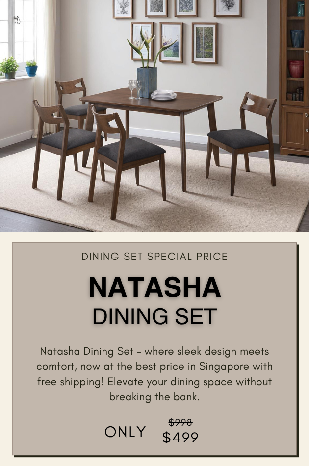 Natasha Dining Set featuring a modern wooden table with four cushioned chairs in a stylish dining room, ideal for contemporary homes in Singapore.