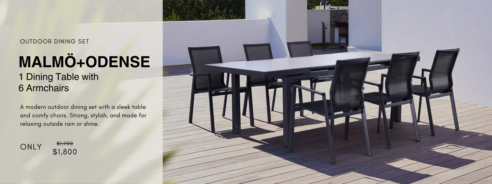 Outdoor dining set featuring a long rectangular table and eight black mesh chairs, placed on a wooden deck in front of a white house with large windows. Surrounded by greenery, the setting highlights a modern, Scandinavian-inspired design ideal for open-air gatherings.