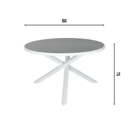 Pisa Outdoor Dining Table with round grey top and white aluminum X-shaped base, styled for modern patio or garden settings.