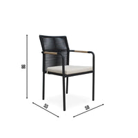 SKANÖR outdoor chair with black metal frame, wooden armrests, and beige cushion, ideal for modern patio or balcony seating
