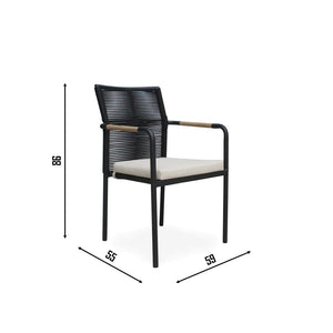 SKANÖR outdoor chair with black metal frame, wooden armrests, and beige cushion, ideal for modern patio or balcony seating