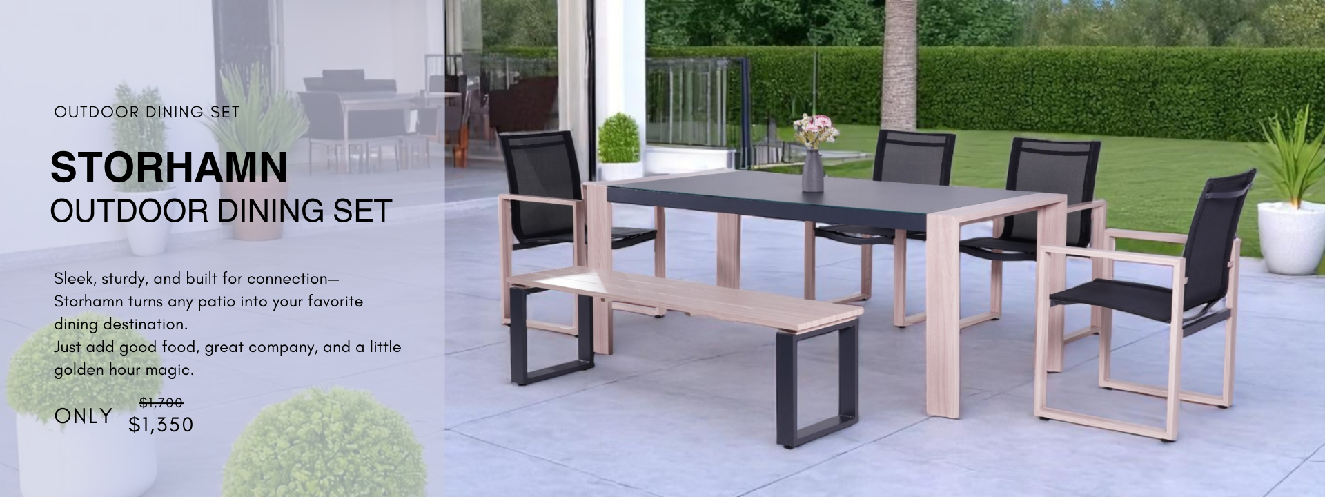 Storhamn outdoor dining set with modern wood table and four patio chairs on a minimalist terrace