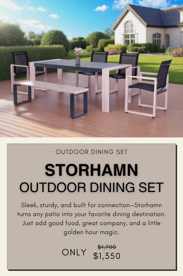 Storhamn outdoor dining set with modern wood table and four patio chairs on a minimalist terrace