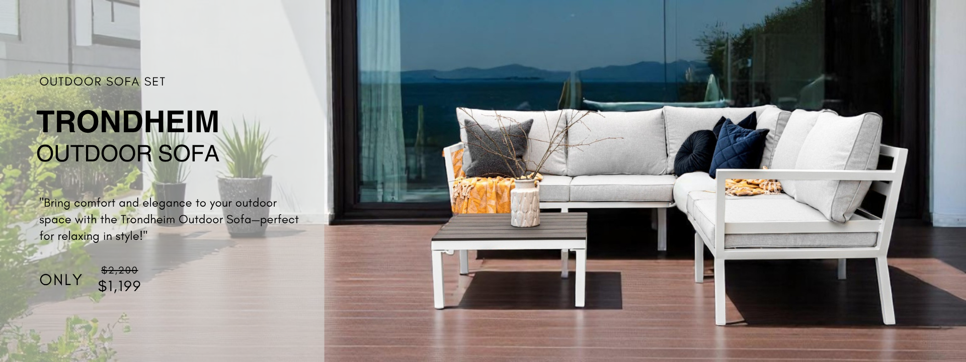 Trondheim outdoor corner sofa set with grey cushions and white aluminum frame on a modern patio lounge