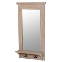 wooden framed mirror with shelf and hooks