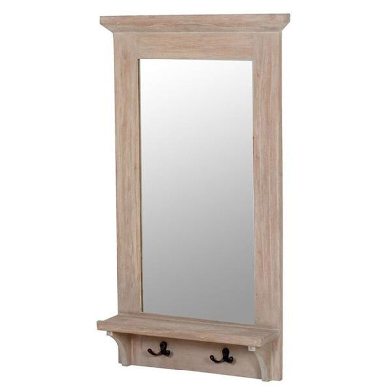 wooden framed mirror with shelf and hooks