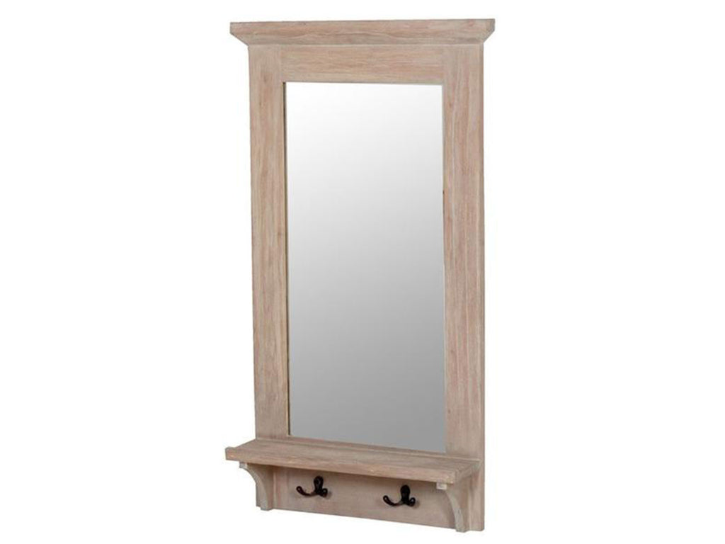 wooden framed mirror with shelf and hooks