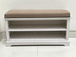 CECILIA white wooden bench with storage shelves and seat cushion, suitable for shoe rack