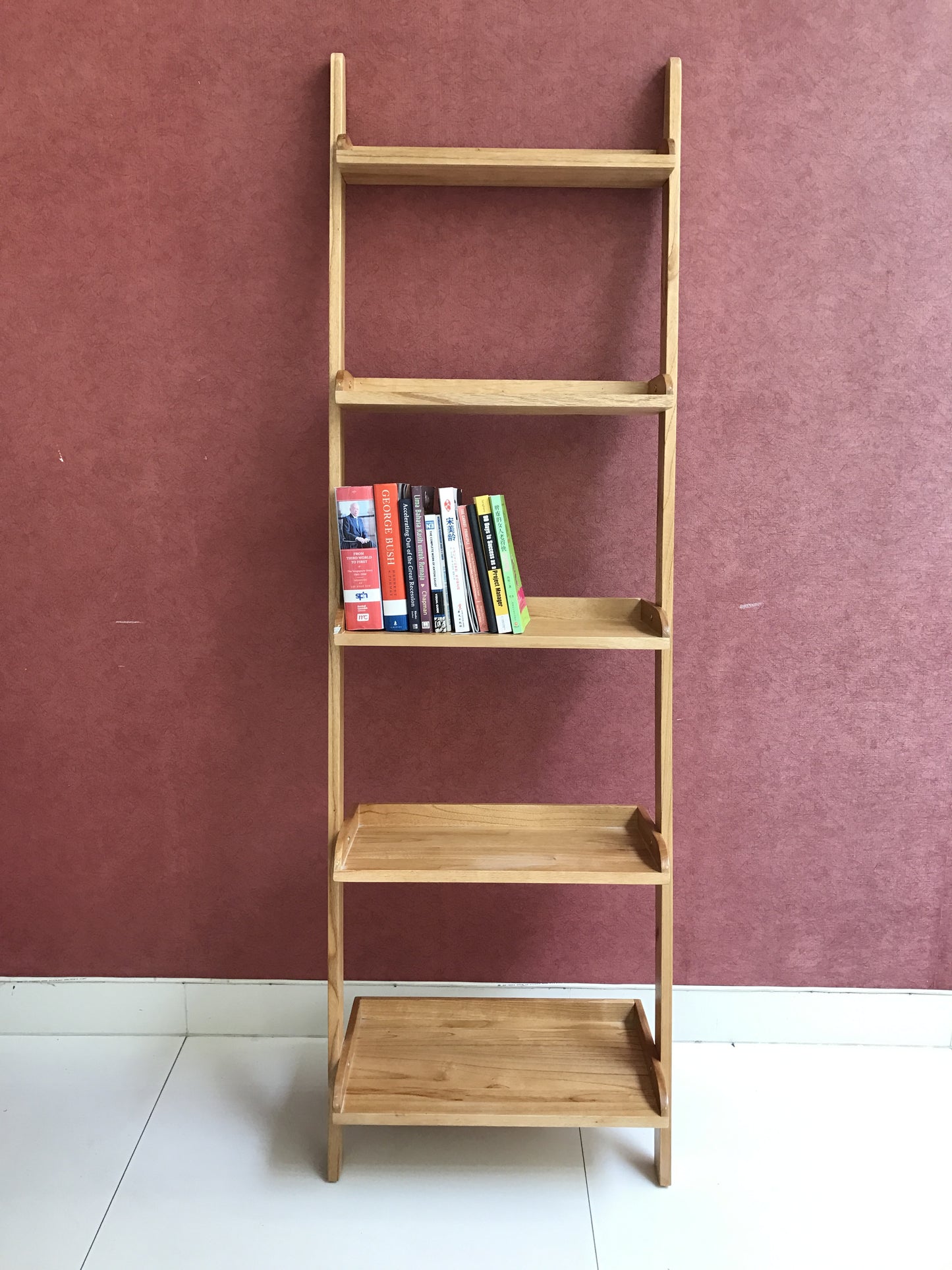 leaning wooden shelves