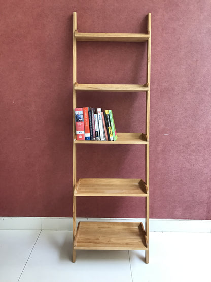 leaning wooden shelves