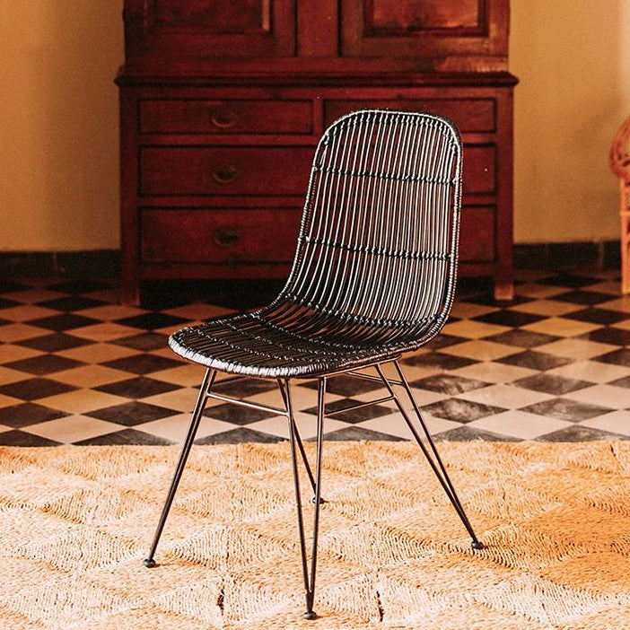 rustic black rattan dining chair with metal legs