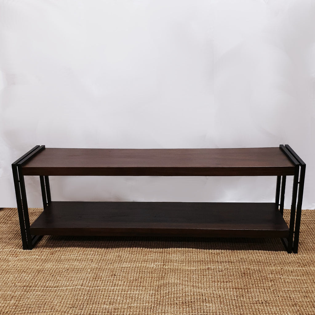 Teak wood and wrought iron TV bench
